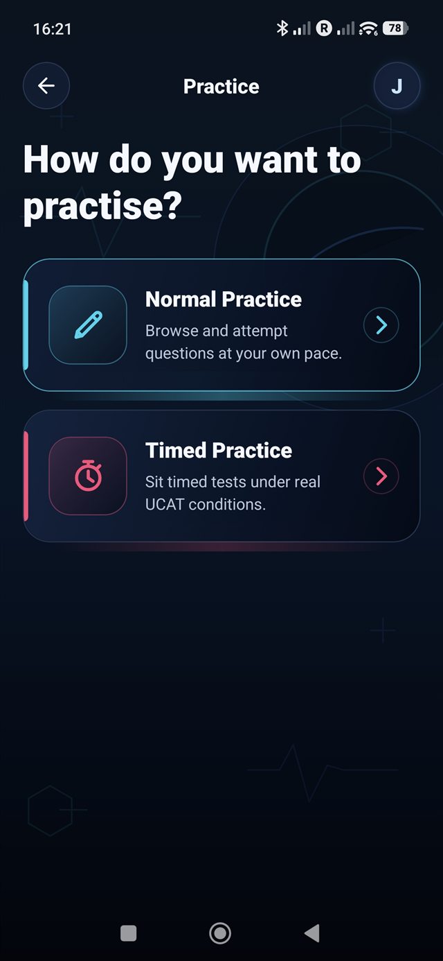 Practice mode screen offering normal practice and timed practice